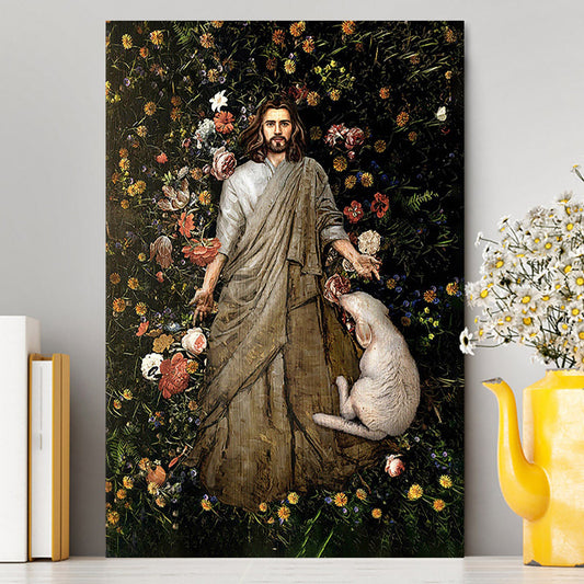 The Life Of Jesus And White Sheep Flower Garden Canvas Print - Inspirational Canvas Art - Christian Wall Art Home Decor