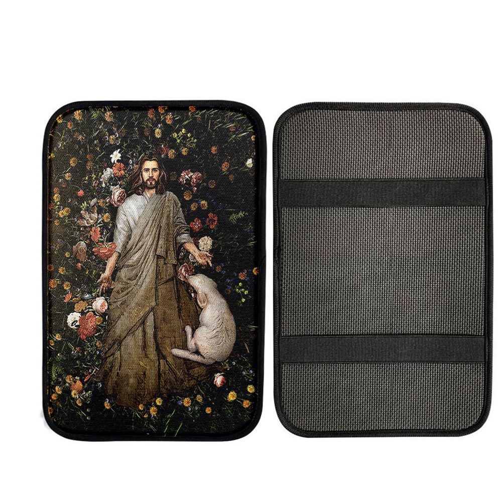 The Life Of Jesus And White Sheep Flower Garden Car Center Console Cover, Bible Verse Car Interior Accessories