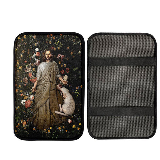 The Life Of Jesus And White Sheep Flower Garden Car Center Console Cover, Bible Verse Car Interior Accessories