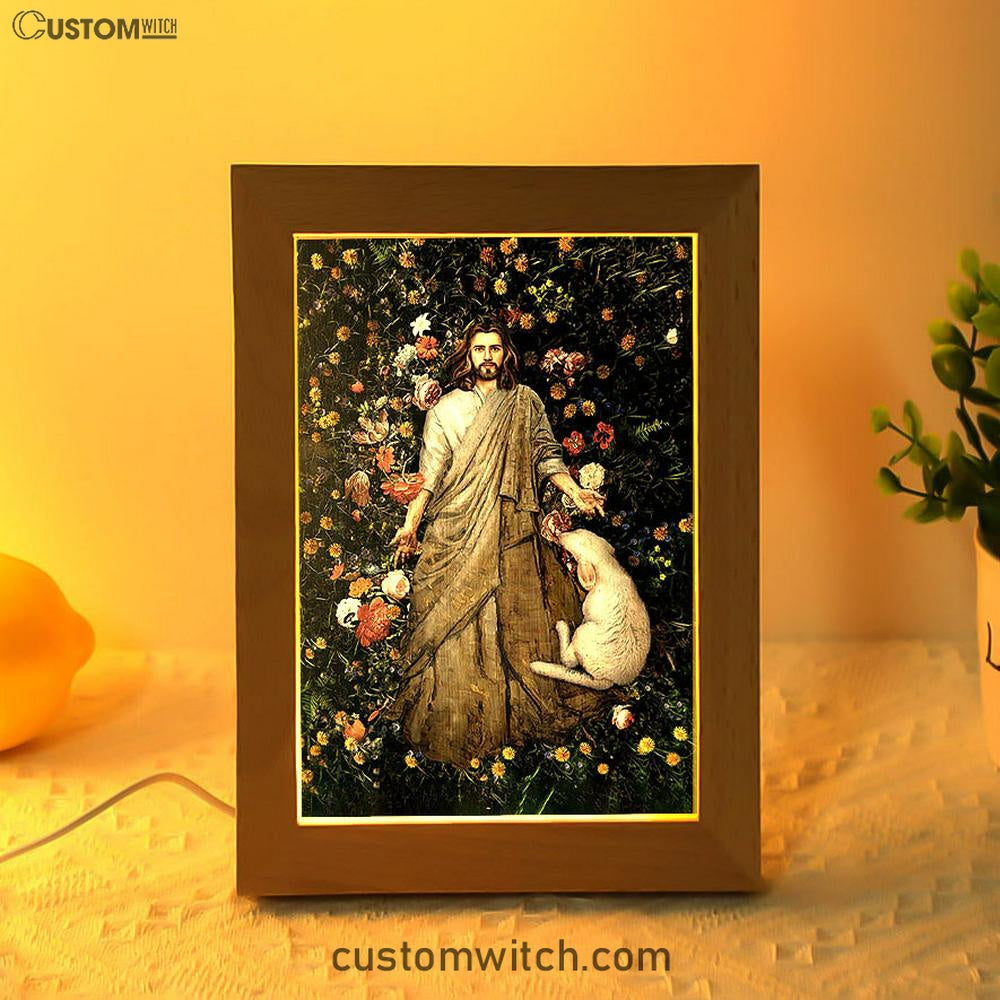 The Life Of Jesus And White Sheep Flower Garden Frame Lamp Print - Inspirational Frame Lamp Art - Christian Art Home Decor