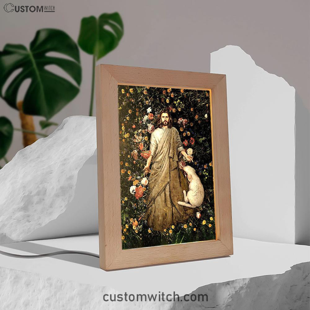 The Life Of Jesus And White Sheep Flower Garden Frame Lamp Print - Inspirational Frame Lamp Art - Christian Art Home Decor