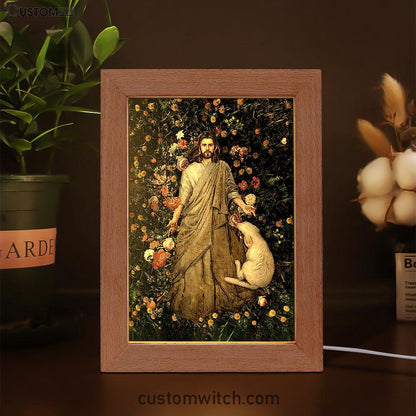 The Life Of Jesus And White Sheep Flower Garden Frame Lamp Print - Inspirational Frame Lamp Art - Christian Art Home Decor
