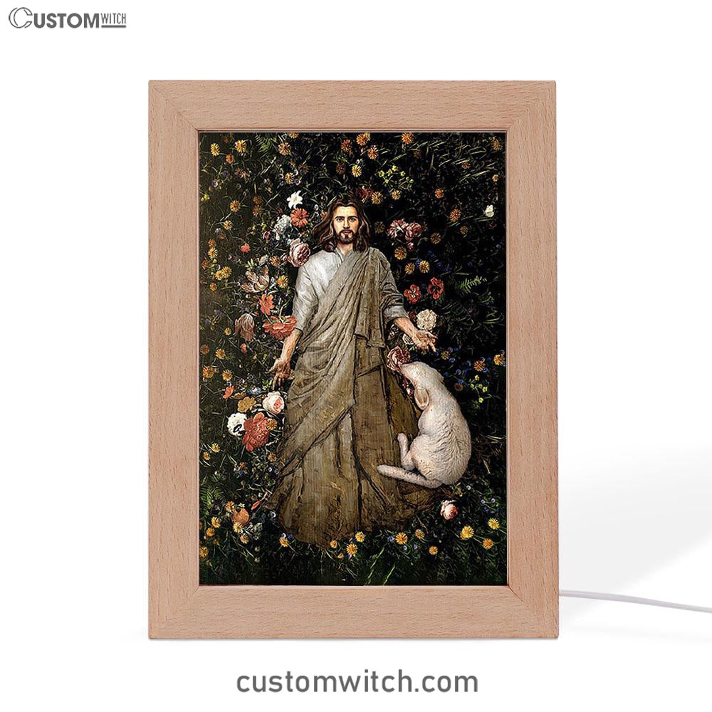 The Life Of Jesus And White Sheep Flower Garden Frame Lamp Print - Inspirational Frame Lamp Art - Christian Art Home Decor