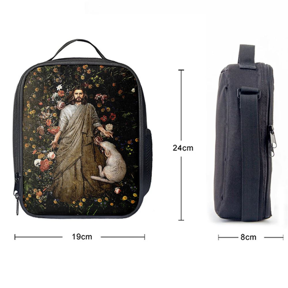 The Life Of Jesus And White Sheep Flower Garden Lunch Bag For Men And Women, Spiritual Christian Lunch Box For School, Work