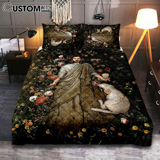 The Life Of Jesus And White Sheep Flower Garden Quilt Bedding Set Print - Inspirational Quilt Bedding Set Art - Christian Bedroom Home Decor