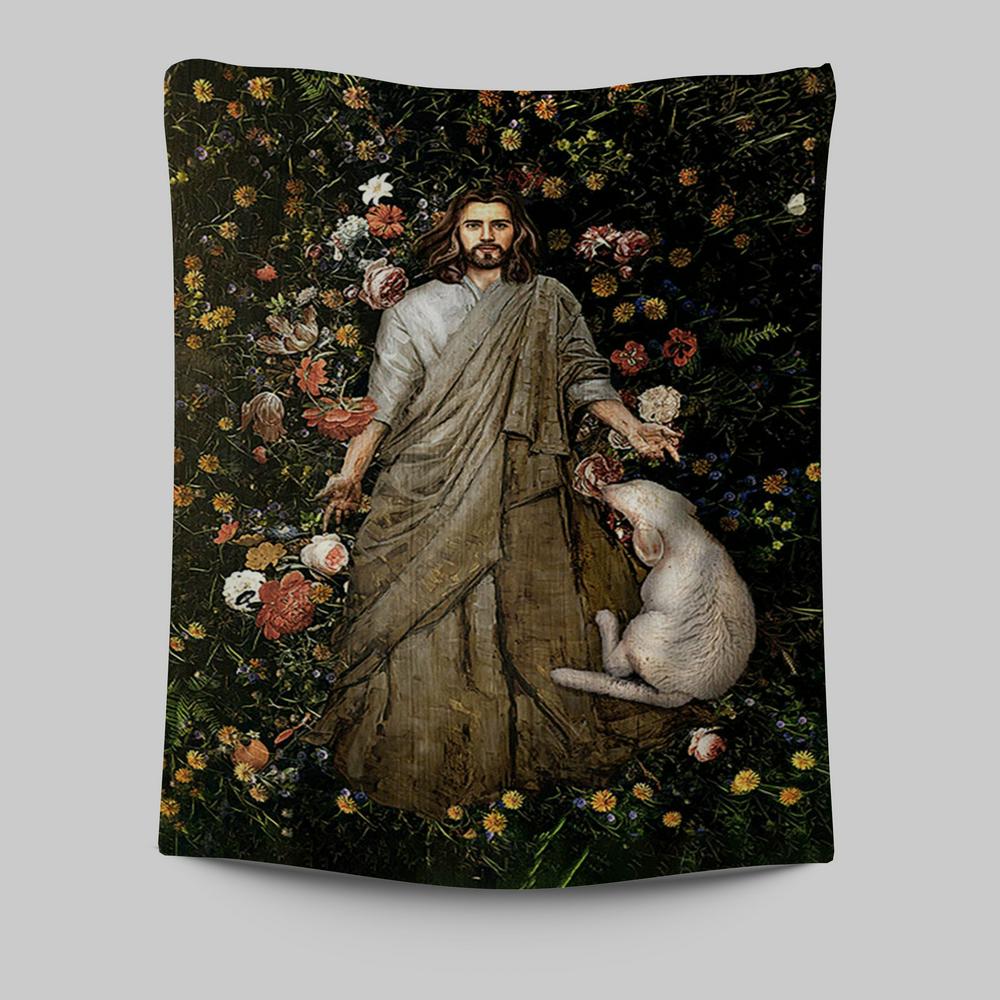 The Life Of Jesus And White Sheep Flower Garden Tapestry Print - Inspirational Tapestry Art - Christian Wall Art Home Decor