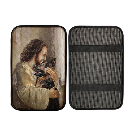 The Life Of Jesus Hug German Shepherd Dog Car Center Console Cover, Bible Verse Car Interior Accessories