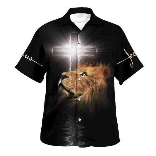 The Light Shines In The Darkness Lion Cross Hawaiian Shirt For Men, Christian Hawaiian Shirt, Gift For Christian