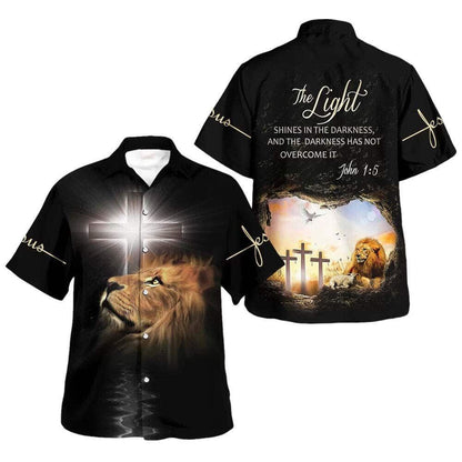 The Light Shines In The Darkness Lion Cross Hawaiian Shirt For Men, Christian Hawaiian Shirt, Gift For Christian