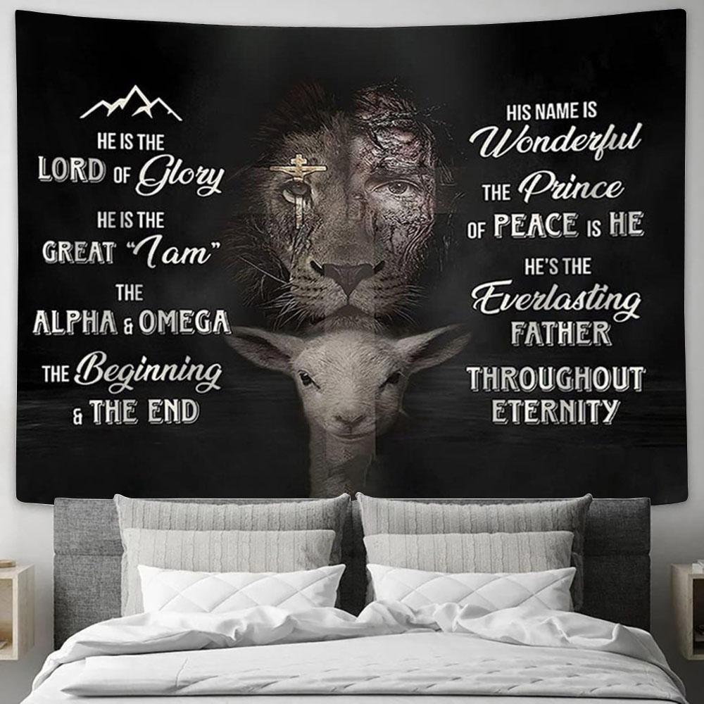 The Lion And Lambs He Is The Lord Of Glory Tapestry Art - Lion Tapestry Wall Decor