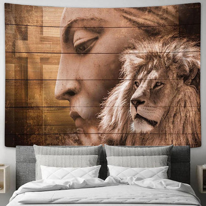 The Lion Cross Tapestry Art - Lion Tapestry Wall Decor - Christian Scripture Tapestry