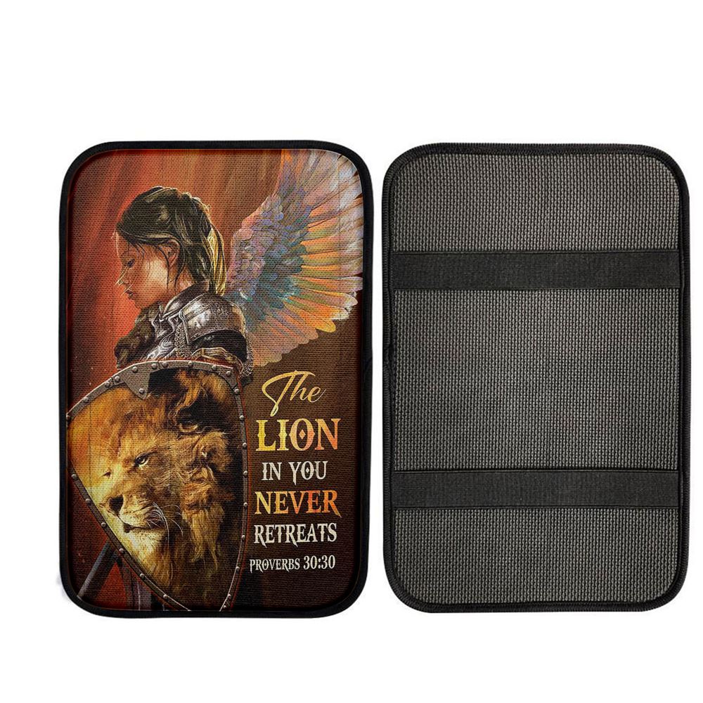 The Lion In You Never Retreats - Woman Warrior Lion Of Judah Car Center Console Cover, Bible Verse Car Interior Accessories