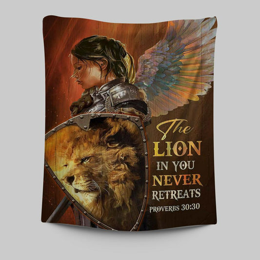 The Lion In You Never Retreats - Woman Warrior Lion Of Judah Tapestry Art - Christian Art - Bible Verse Wall Art - Religious Home Decor