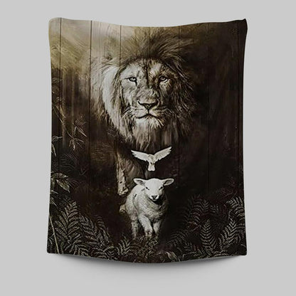 The Lion Lamb Dove Tapestry Prints - Lion Tapestry Art - Christian Inspirational Tapestry