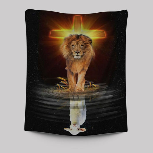 The Lion Of Judah And The Lamb Of God Tapestry Prints - Bible Verse Wall Decor - Scripture Wall Art