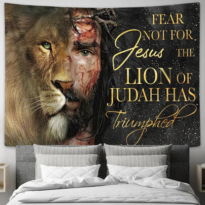 The Lion Of Judah Has Triumphed Tapestry Wall Art - Half Jesus Half Lion - Jesus Christ Tapestry - Christian Tapestry Prints