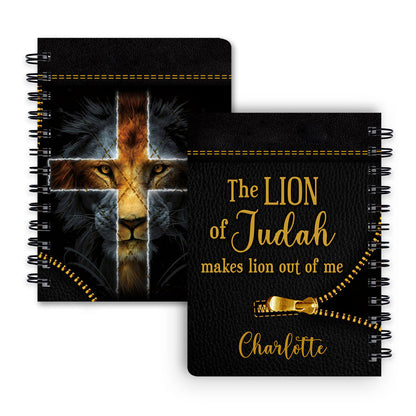 The Lion Of Judah Makes Lion Out Of Me Personalized Cross Spiral Journal, Christian Art Gifts Journal