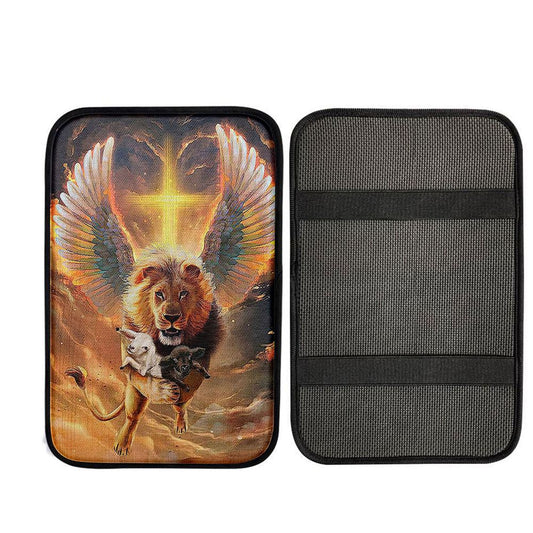 The Lion Wing Lambs Cross Car Center Console Cover - Lion Car Center Console Cover, Christian Car Interior Accessories
