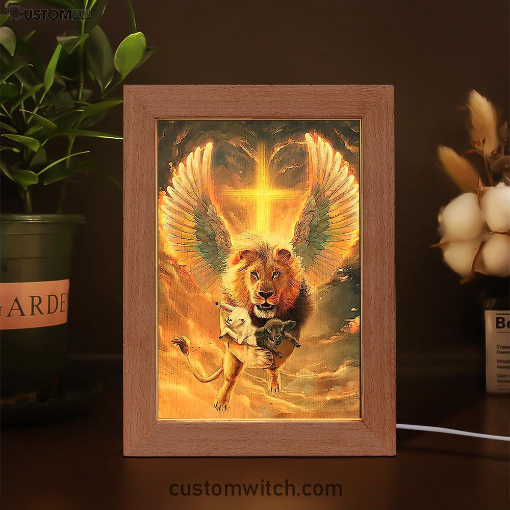 The Lion Wing Lambs Cross Frame Lamp Prints - Lion Frame Lamp Art - Christian Inspirational Frame Lamp