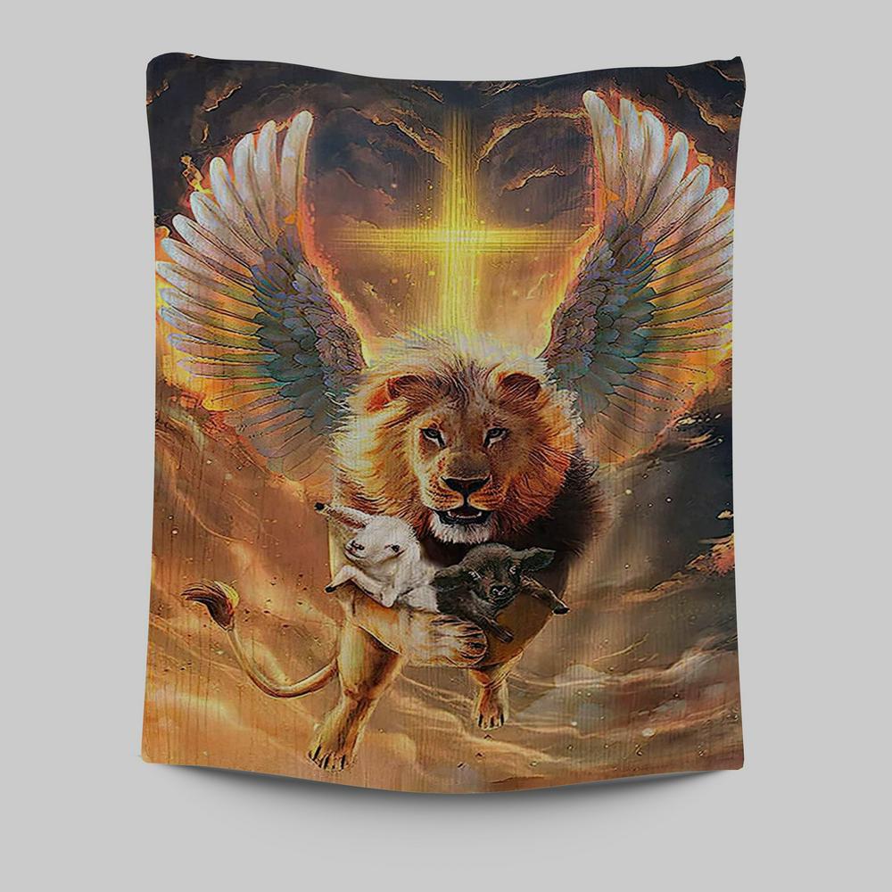 The Lion Wing Lambs Cross Tapestry Prints - Lion Tapestry Art - Christian Inspirational Tapestry