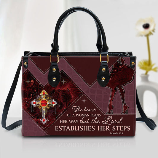 The Lord Establishes Her Steps Cross Leather Handbag, Religious Gifts For Women, Women Pu Leather Bag