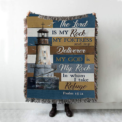 The Lord Is My Rock Lighthouse Wood Cross Woven Blanket Print - Inspirational Woven Blanket Art - Christian Throw Blanket Home Decor