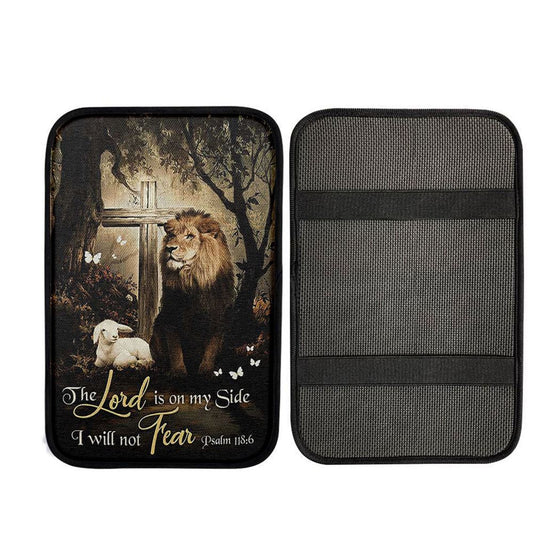 The Lord Is On My Side Car Armrest Pad - Lion Lamb Of God Wooden Cross Car Center Console Cover Interior Accessories