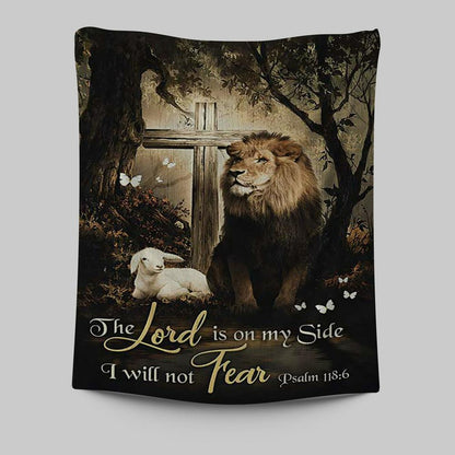 The Lord Is On My Side Tapestry - Lion Lamb Of God Wooden Cross Tapestry Print - Inspirational Tapestry Art - Christian Wall Art Home Decor