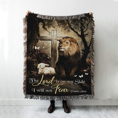 The Lord Is On My Side Woven Blanket - Lion Lamb Of God Wooden Cross Woven Blanket Print - Inspirational Woven Blanket Art - Christian Throw Blanket Home Decor