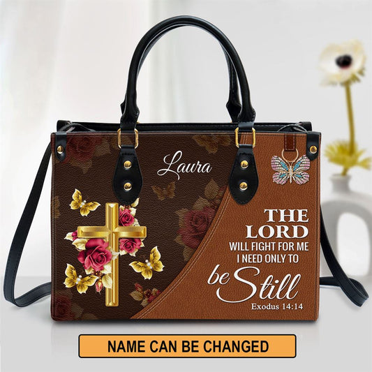 The Lord Will Fight For Me Personalized Floral Cross Leather Bag For Women, Religious Gifts For Women