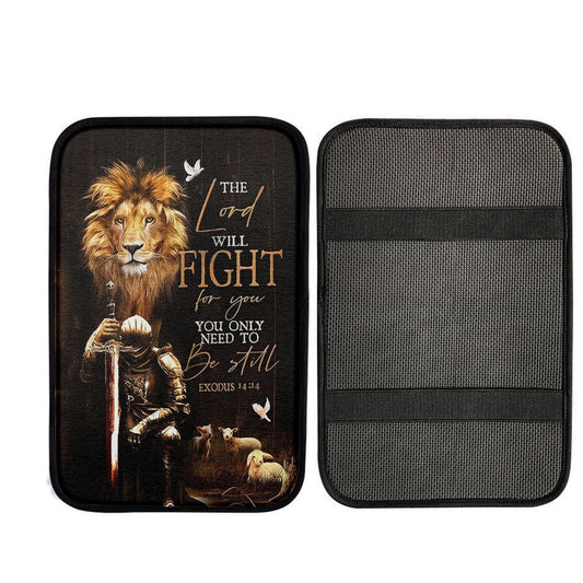 The Lord Will Fight For You Car Armrest Pad - Knight Of The God Lion Of Judah Car Center Console Cover Interior Accessories