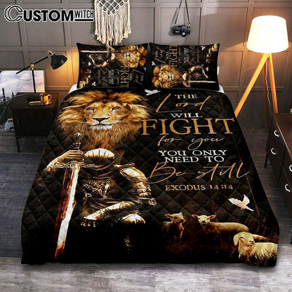 The Lord Will Fight For You Quilt Bedding Set - Lambs Lion Of Judah Knight Of God Quilt Bedding Set Print - Inspirational Quilt Bedding Set Art Home Decor
