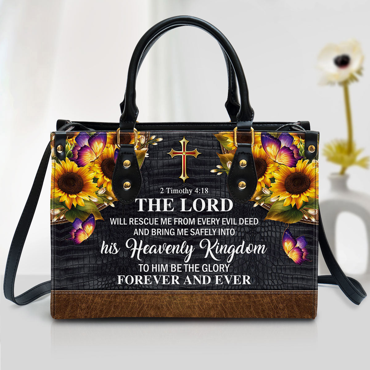 The Lord Will Rescue Me From Every Evil Deed Beautiful Sunflower Leather Handbag, Religious Gifts For Women