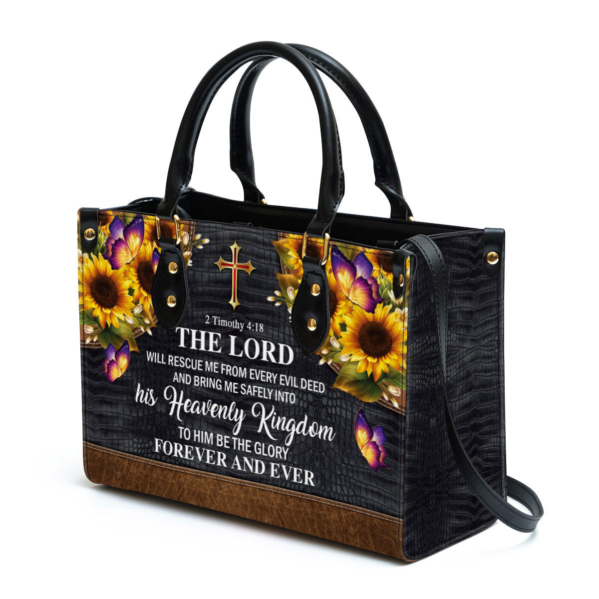 The Lord Will Rescue Me From Every Evil Deed Beautiful Sunflower Leather Handbag, Religious Gifts For Women