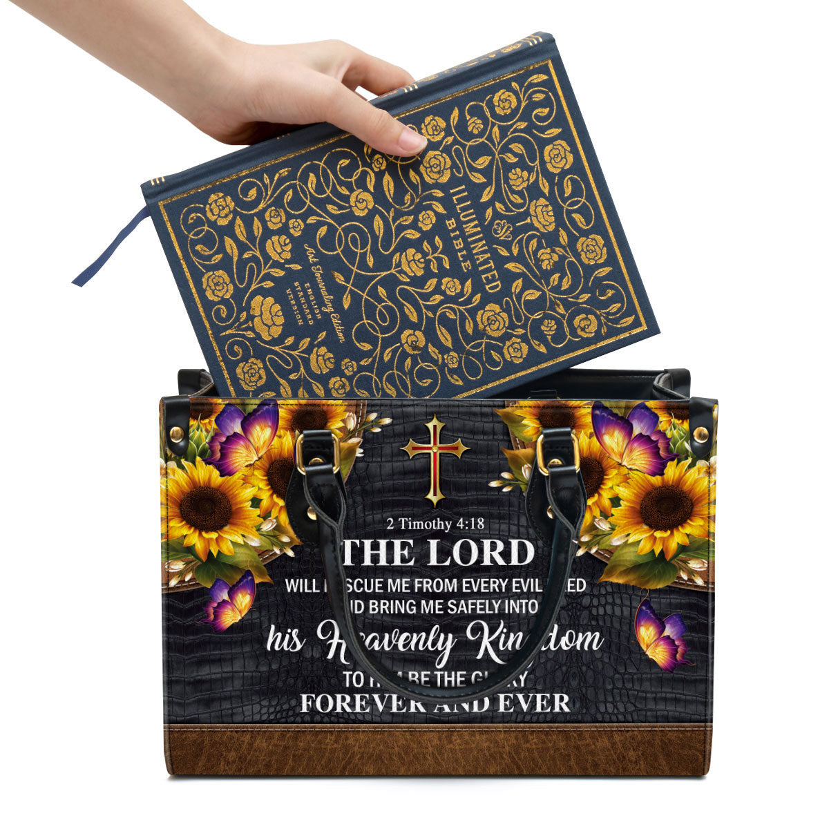 The Lord Will Rescue Me From Every Evil Deed Beautiful Sunflower Leather Handbag, Religious Gifts For Women