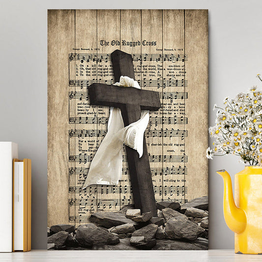 The Old Rugged Cross Canvas - Black Cross White Silk Music Sheet Canvas Wall Art - Bible Verse Canvas Art - Christian Home Decor