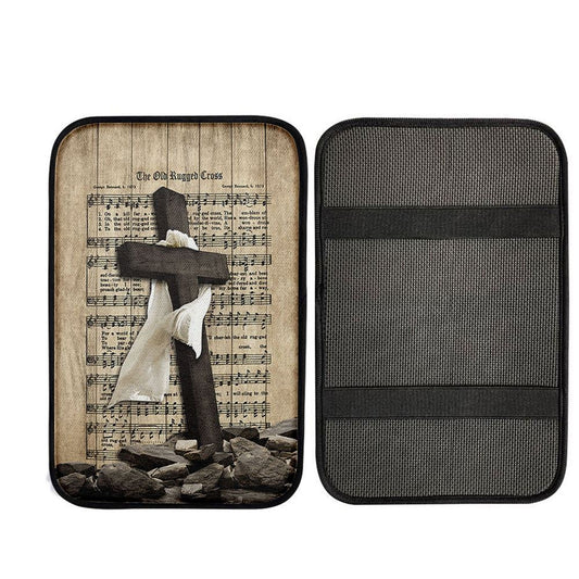 The Old Rugged Cross Car Armrest Pad - Black Cross White Silk Music Sheet Car Center Console Cover Interior Accessories