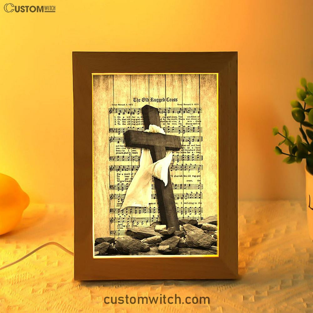 The Old Rugged Cross Frame Lamp - Black Cross White Silk Music Sheet Frame Lamp Art - Bible Verse Wooden Lamp - Christian Home Decor