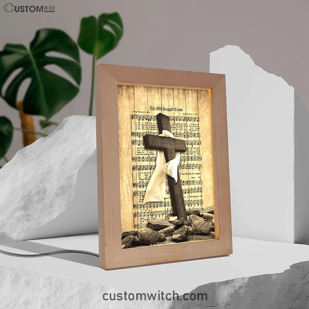 The Old Rugged Cross Frame Lamp - Black Cross White Silk Music Sheet Frame Lamp Art - Bible Verse Wooden Lamp - Christian Home Decor