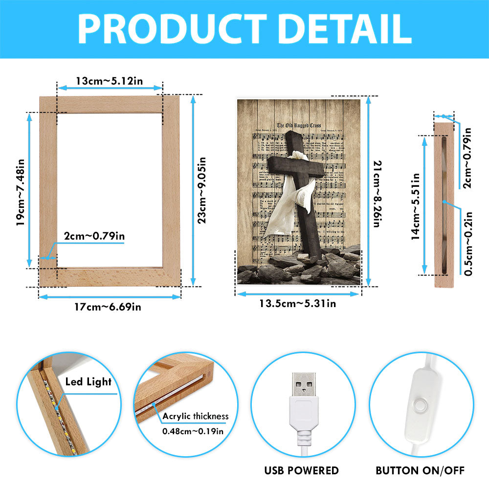 The Old Rugged Cross Frame Lamp - Black Cross White Silk Music Sheet Frame Lamp Art - Bible Verse Wooden Lamp - Christian Home Decor