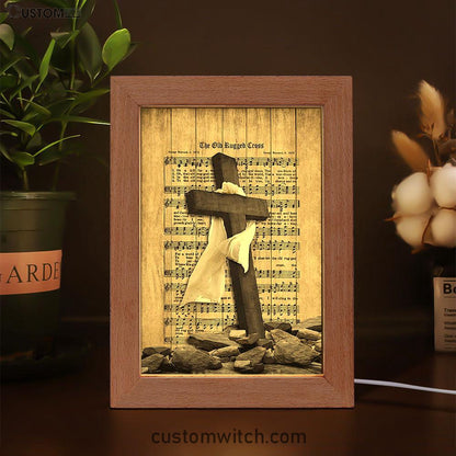 The Old Rugged Cross Frame Lamp - Black Cross White Silk Music Sheet Frame Lamp Art - Bible Verse Wooden Lamp - Christian Home Decor