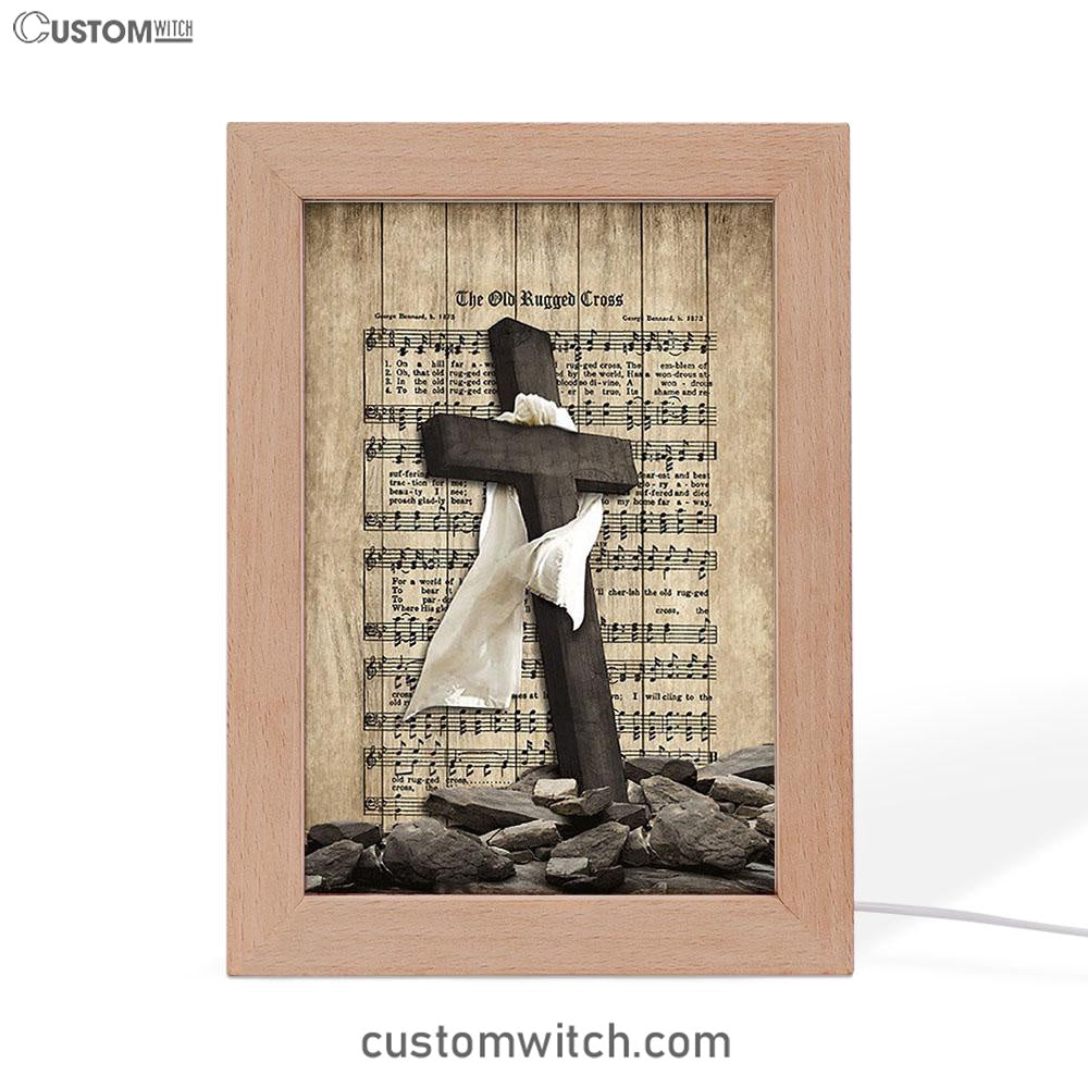 The Old Rugged Cross Frame Lamp - Black Cross White Silk Music Sheet Frame Lamp Art - Bible Verse Wooden Lamp - Christian Home Decor