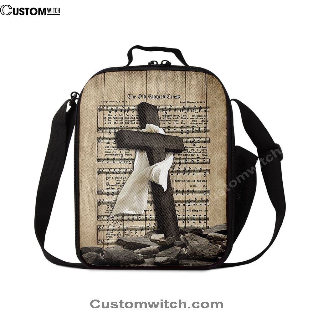The Old Rugged Cross Lunch Bag For Men And Women - Black Cross White Silk Music Sheet Lunch Bag, Spiritual Christian Lunch Box For School, Work