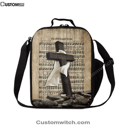The Old Rugged Cross Lunch Bag For Men And Women - Black Cross White Silk Music Sheet Lunch Bag, Spiritual Christian Lunch Box For School, Work