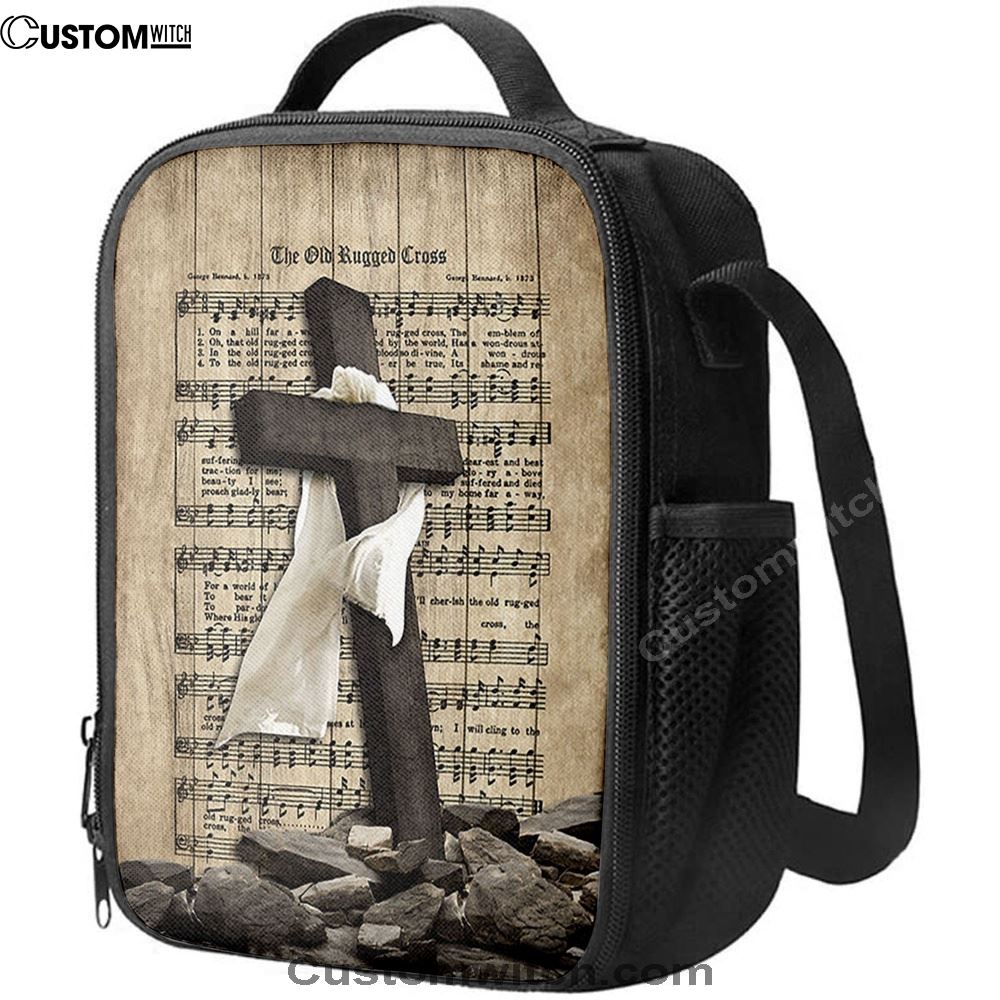 The Old Rugged Cross Lunch Bag For Men And Women - Black Cross White Silk Music Sheet Lunch Bag, Spiritual Christian Lunch Box For School, Work
