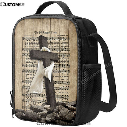 The Old Rugged Cross Lunch Bag For Men And Women - Black Cross White Silk Music Sheet Lunch Bag, Spiritual Christian Lunch Box For School, Work