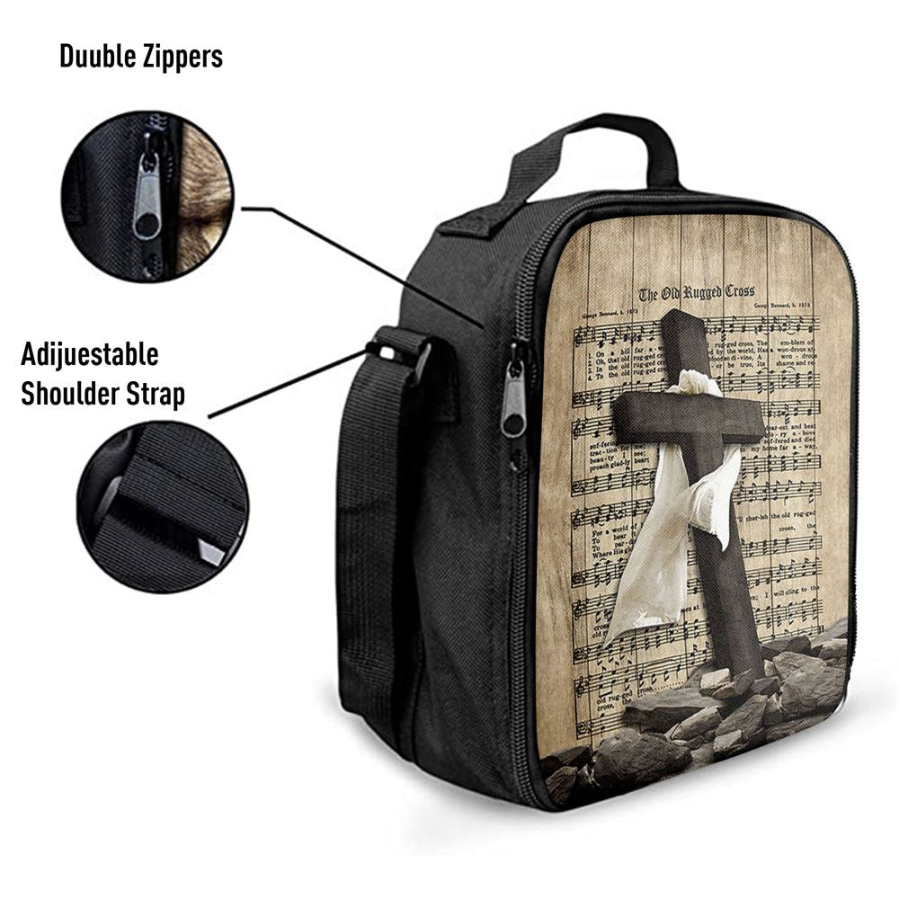 The Old Rugged Cross Lunch Bag For Men And Women - Black Cross White Silk Music Sheet Lunch Bag, Spiritual Christian Lunch Box For School, Work