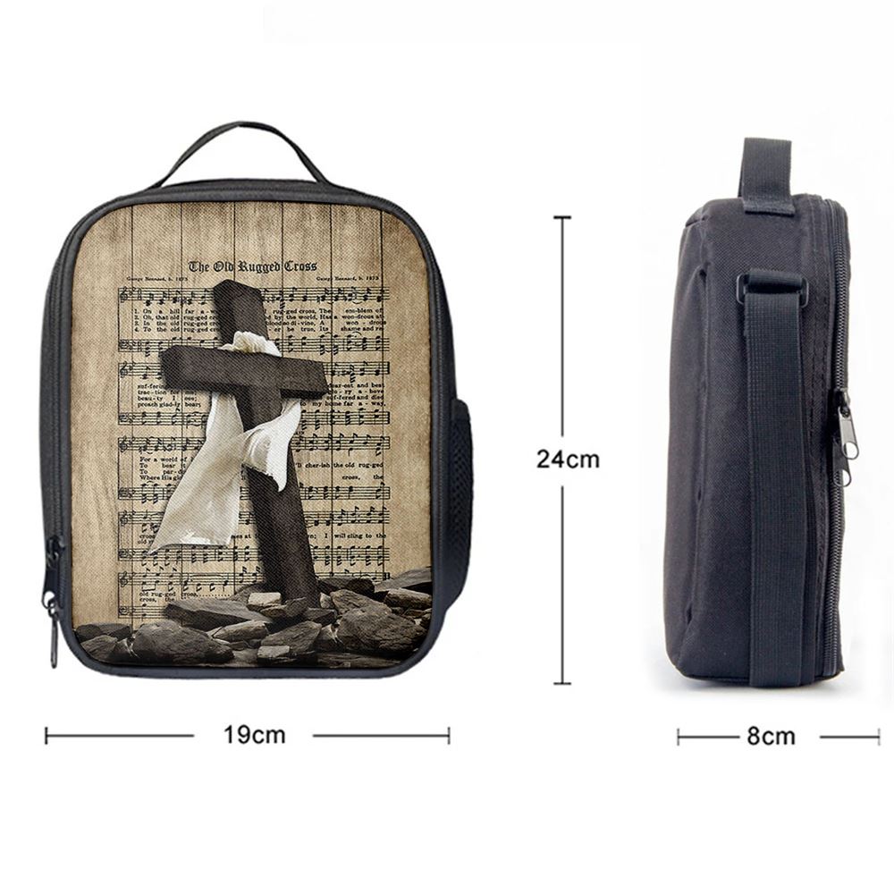 The Old Rugged Cross Lunch Bag For Men And Women - Black Cross White Silk Music Sheet Lunch Bag, Spiritual Christian Lunch Box For School, Work