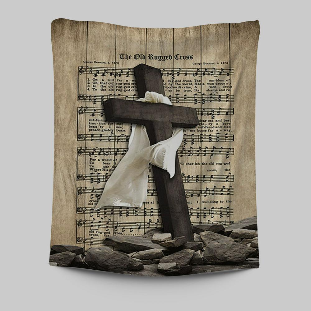 The Old Rugged Cross Tapestry - Black Cross White Silk Music Sheet Tapestry Wall Art - Bible Verse Tapestry Art -  Christian Indoor Wall Tapestries