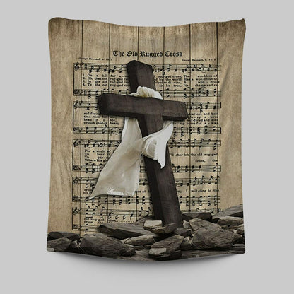 The Old Rugged Cross Tapestry - Black Cross White Silk Music Sheet Tapestry Wall Art - Bible Verse Tapestry Art -  Christian Indoor Wall Tapestries